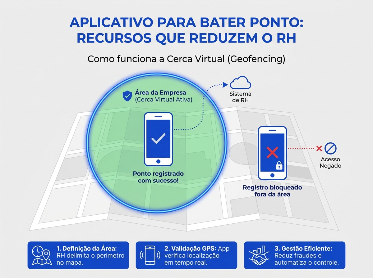 Infográfico demonstrando o funcionamento da cerca virtual e geolocalização no aplicativo para bater ponto.