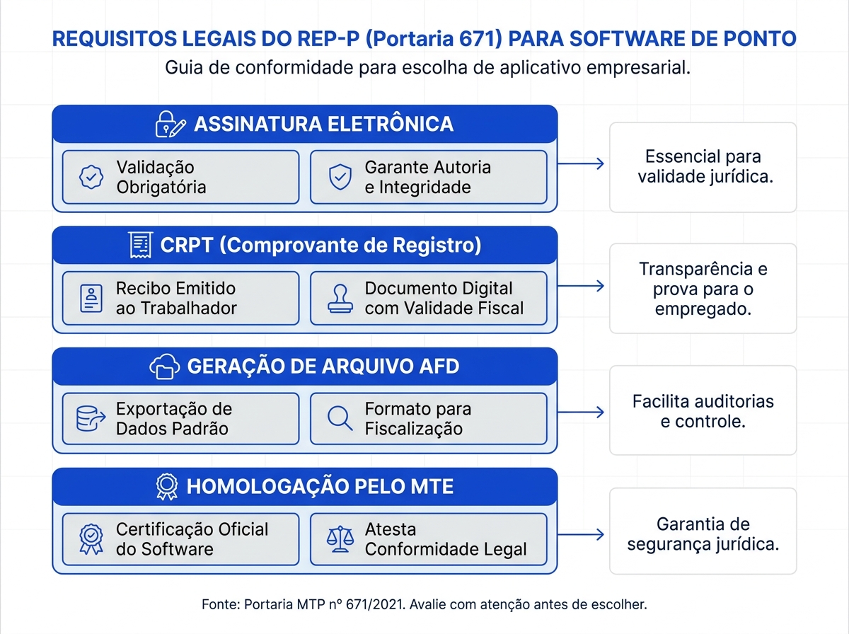 Infográfico com os requisitos legais do aplicativo para bater ponto segundo a Portaria 671