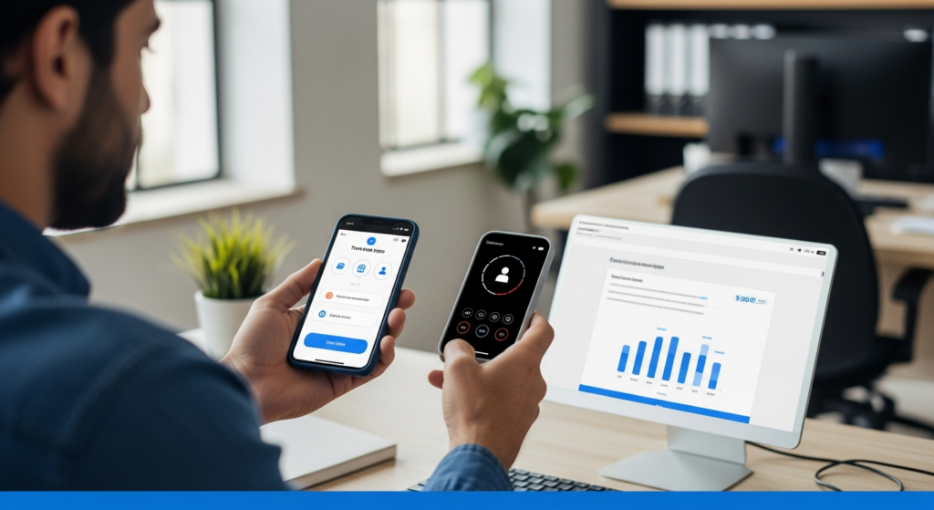 Foto realista de um empresário em seu escritório moderno, segurando um smartphone e visualizando a tela de registro de ponto digital de um colaborador. Ao fundo, um ambiente corporativo organizado, transmitindo segurança e controle operacional. Sem textos, gráficos ou elementos flutuantes na imagem. alt: Empresário avaliando aplicativo para bater ponto em seu smartphone no escritório.