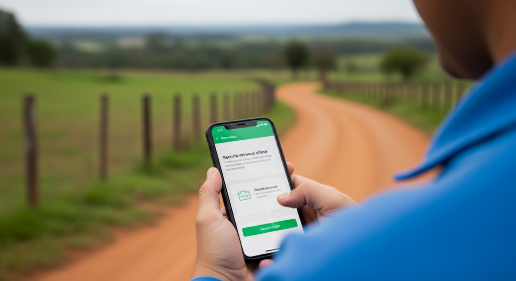Foto realista de um colaborador em campo, no meio de uma área rural ou externa, segurando um smartphone e registrando sua jornada de trabalho. O ambiente mostra que ele está sem sinal de rede, mas o aplicativo na tela exibe uma confirmação amigável de registro salvo localmente. Sem textos ou gráficos sobrepostos.