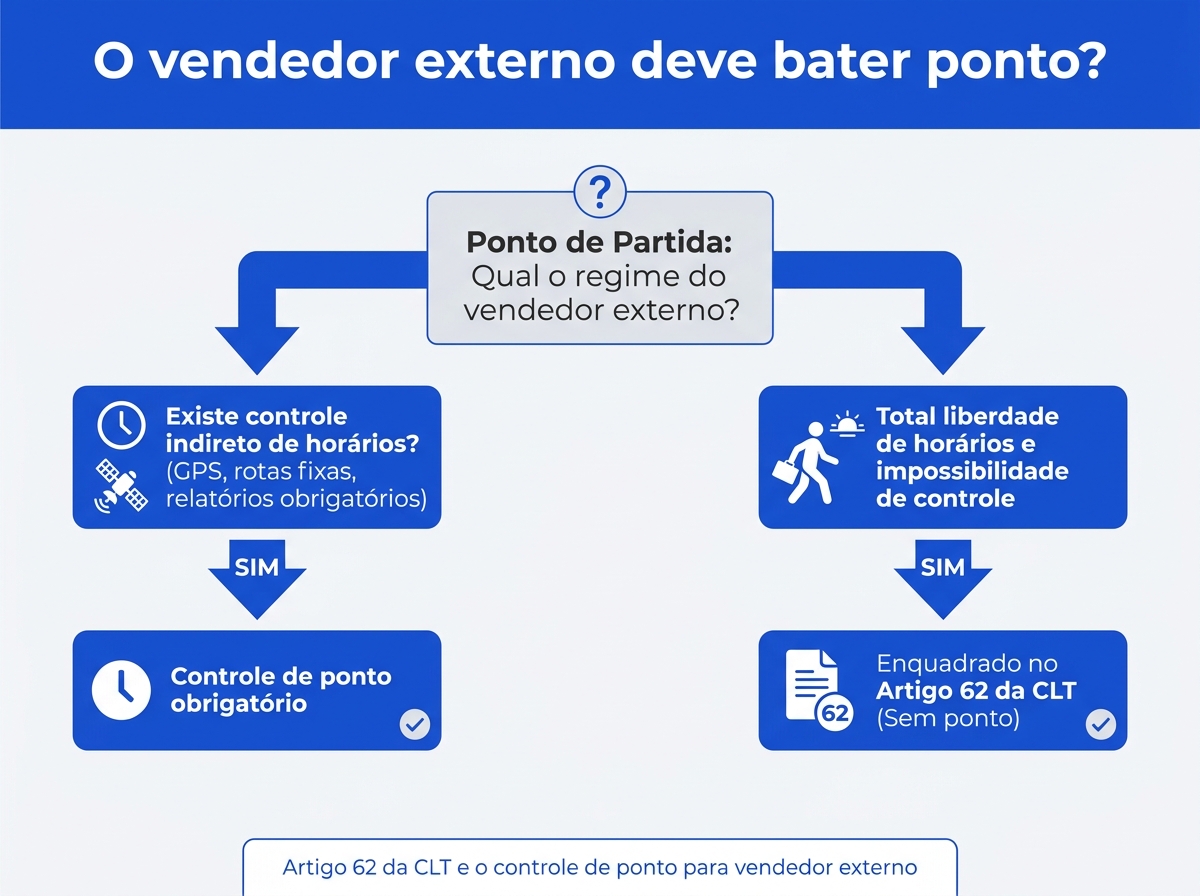 Infográfico explicativo sobre o fluxo de decisão para aplicação do Artigo 62 da CLT em vendedores externos.