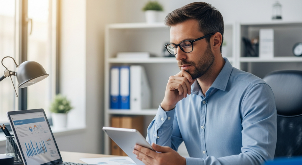 Foto realista de um gestor de vendas em seu escritório analisando relatórios em um tablet, com uma expressão de atenção e cuidado regulatório. Ao fundo, um ambiente corporativo moderno e organizado, sem textos, gráficos ou elementos artificiais. alt: Gestor de vendas analisando relatórios de equipe externa em um tablet para garantir conformidade trabalhista.