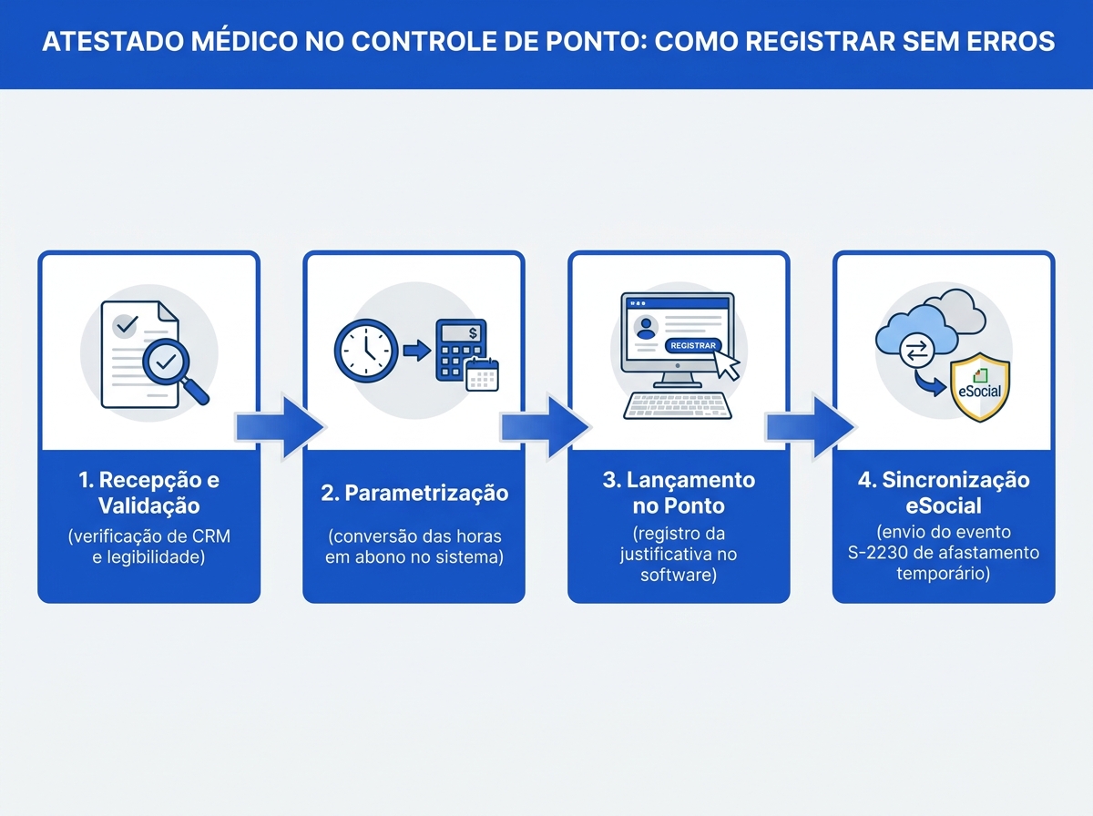 Infográfico com o fluxo de quatro etapas para lançamento correto de atestado médico no controle de ponto