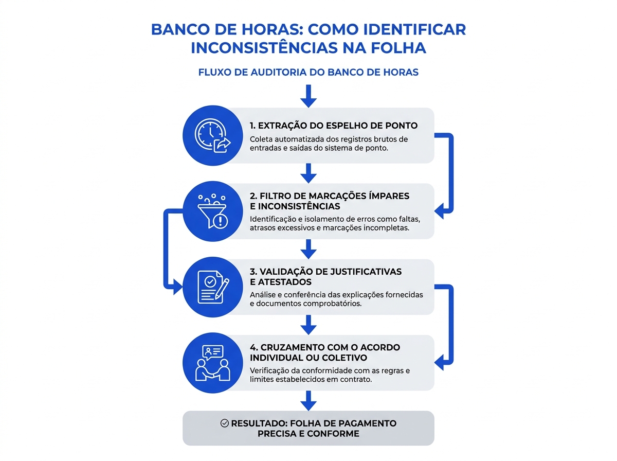 Fluxo passo a passo de auditoria de banco de horas para fechamento de folha