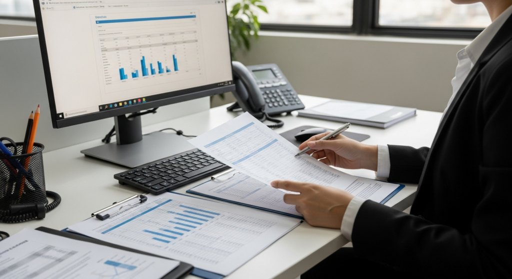 Foto realista de uma profissional de departamento pessoal analisando relatórios de ponto e convenções coletivas em papel e na tela do computador em um escritório moderno. Alt: Profissional de DP analisando se o banco de horas precisa ser homologado no sindicato.