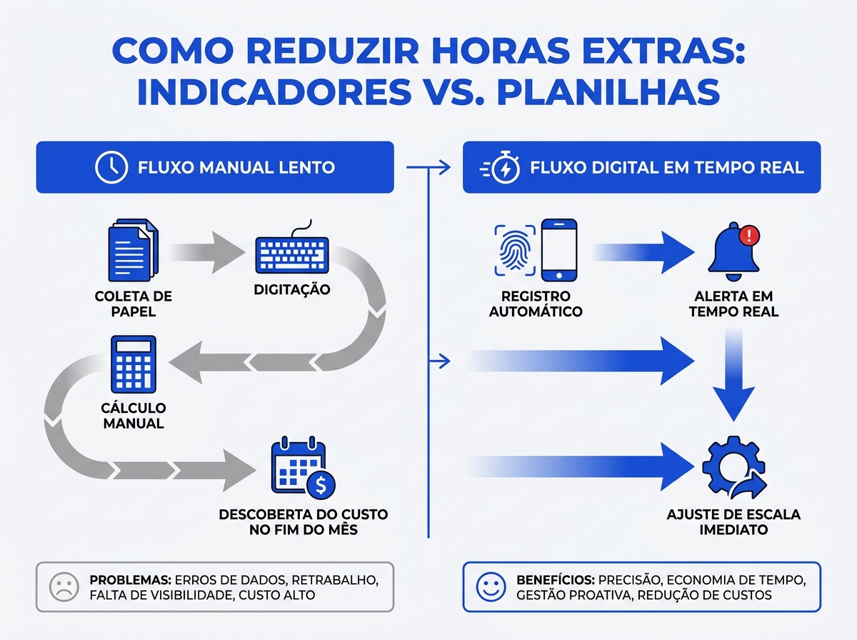 Infográfico comparativo entre o fluxo de controle de horas extras manual e o digital em tempo real.