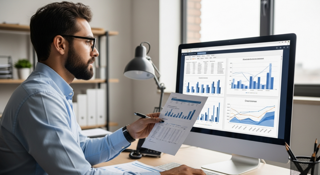 Foto realista de um empresário analisando relatórios financeiros e gráficos de horas extras em uma tela de computador moderna, com expressão de foco e planejamento, em um escritório bem iluminado. Sem textos ou gráficos fictícios na imagem.