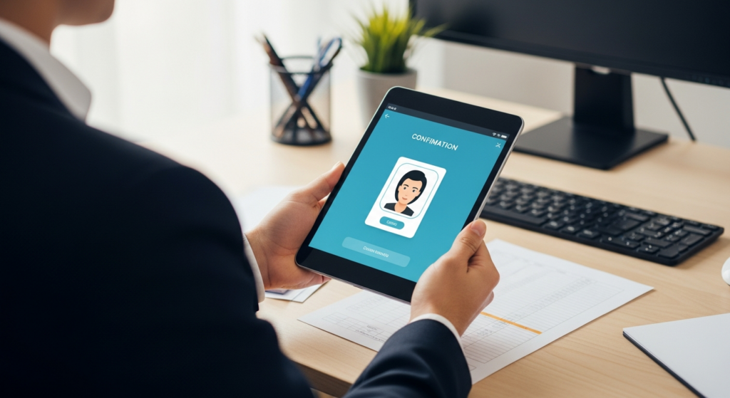 Foto realista de um gestor de empresa em seu escritório, segurando um tablet corporativo moderno que exibe uma tela de confirmação de registro de ponto com reconhecimento facial. O ambiente é profissional, bem iluminado, transmitindo segurança e modernidade, sem textos ou gráficos artificiais na imagem. Alt: Gestor utilizando tablet corporativo para registro de ponto seguro em conformidade com a Portaria 671.