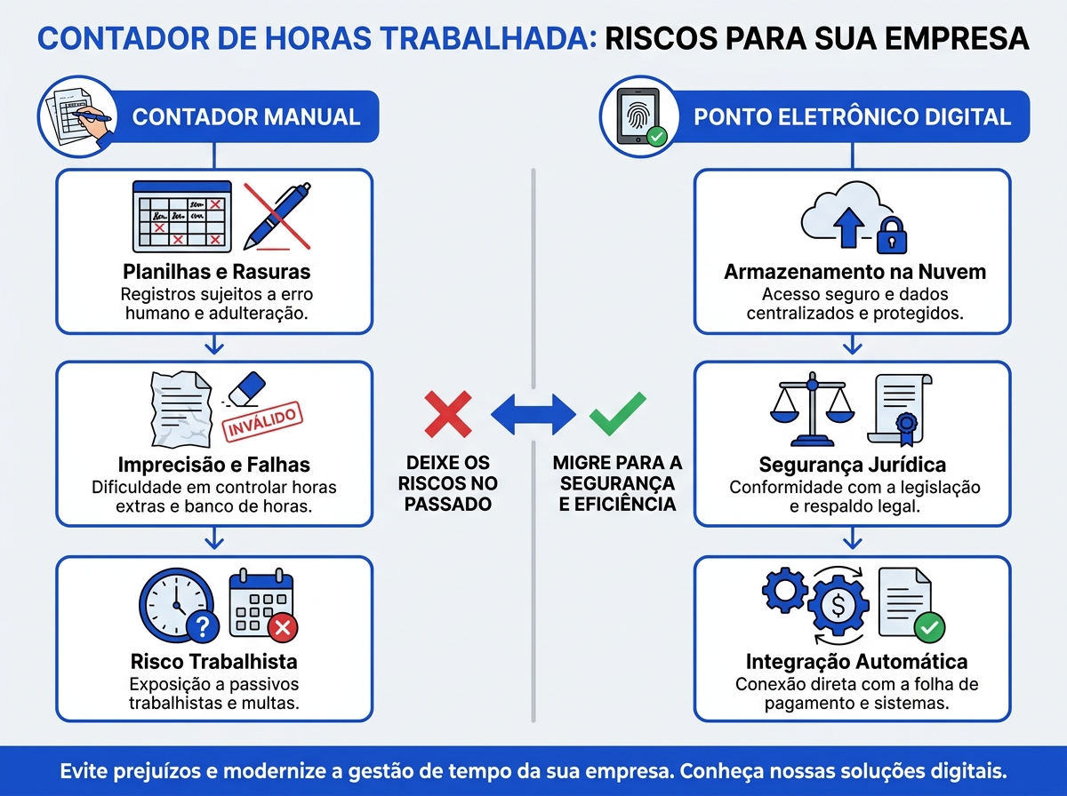 Infográfico comparativo entre controle de ponto manual e sistema de ponto eletrônico digital homologado.