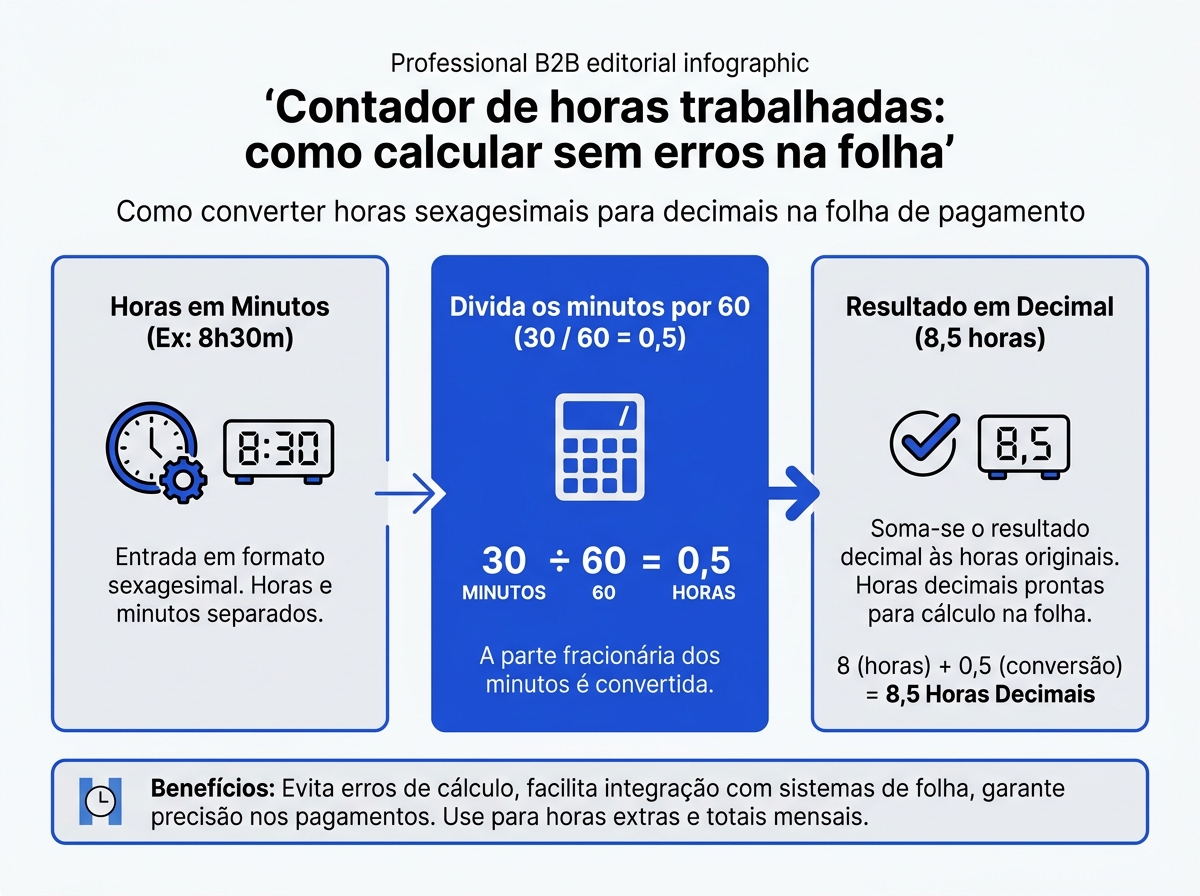 Infográfico explicativo de conversão de horas sexagesimais para decimais no departamento pessoal.