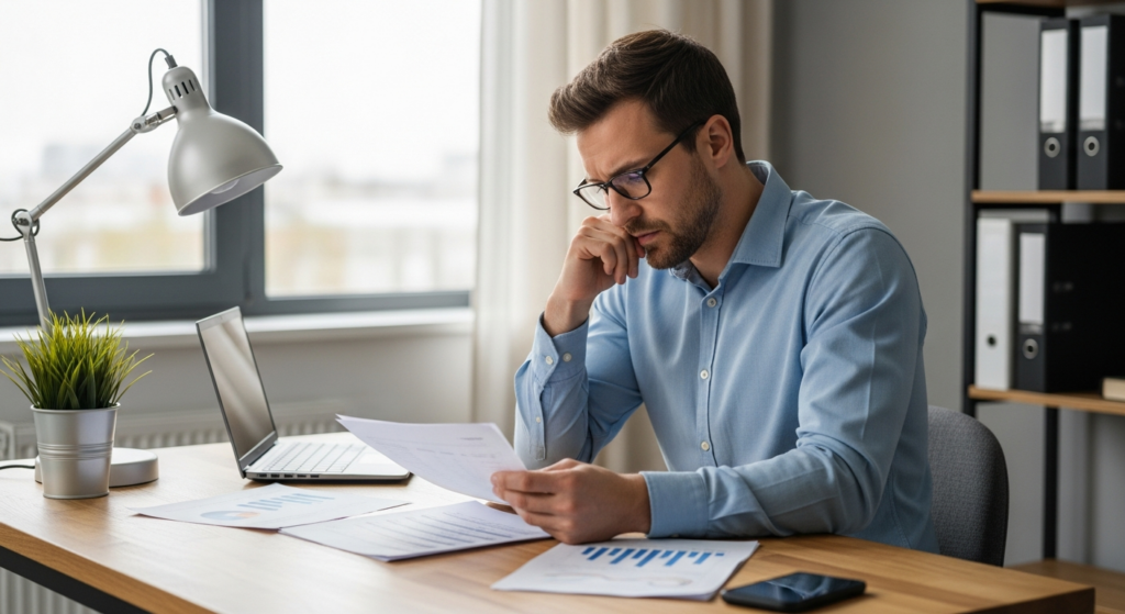Uma foto realista de um empresário preocupado em sua mesa de escritório, analisando planilhas impressas e anotações manuais de horários, com uma calculadora ao lado. O ambiente mostra um escritório moderno de pequena empresa, com iluminação natural focada na mesa de madeira. Sem textos, gráficos ou elementos digitais sobrepostos.