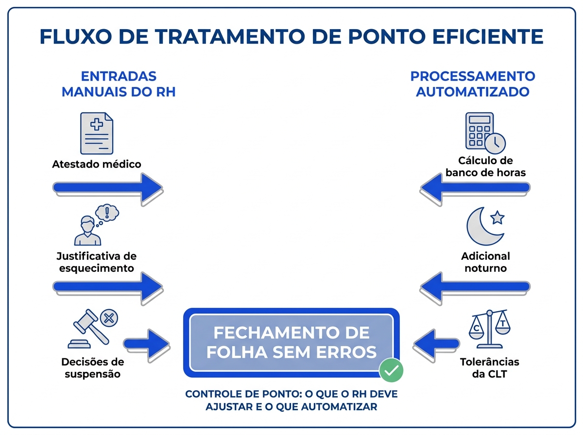 Infográfico comparativo mostrando o fluxo de tratamento de ponto entre entradas manuais do RH e processamento automatizado.