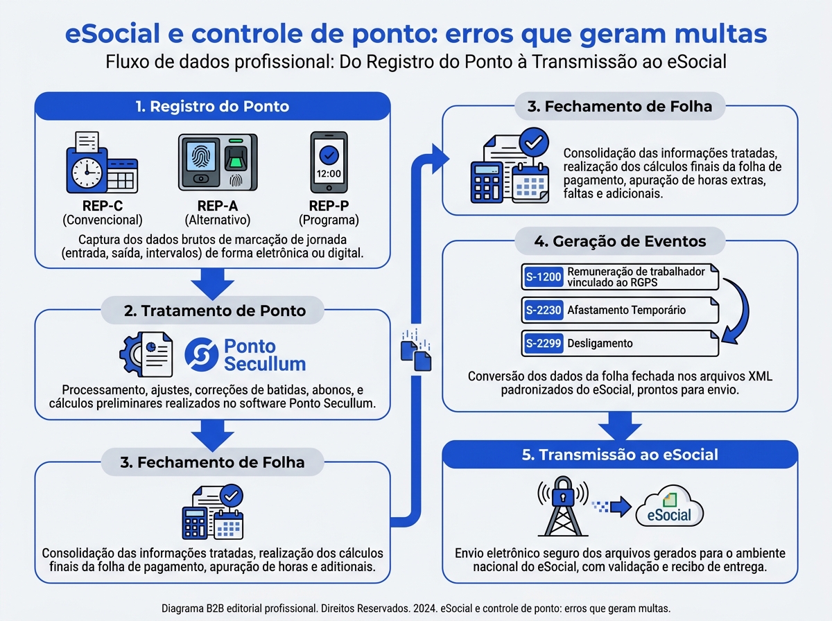 Infográfico do fluxo de dados desde o registro no controle de ponto até o envio dos eventos ao eSocial.