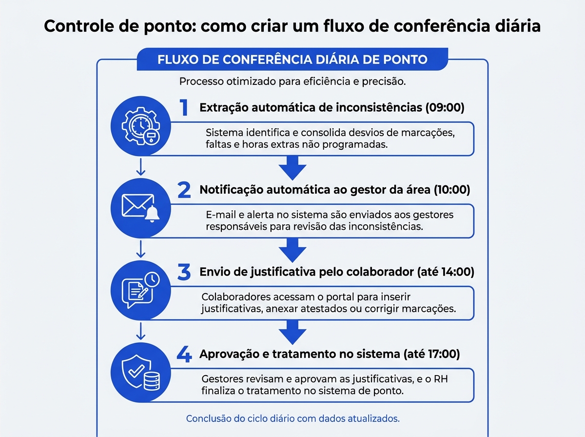 Infográfico do fluxo de conferência diária no controle de ponto