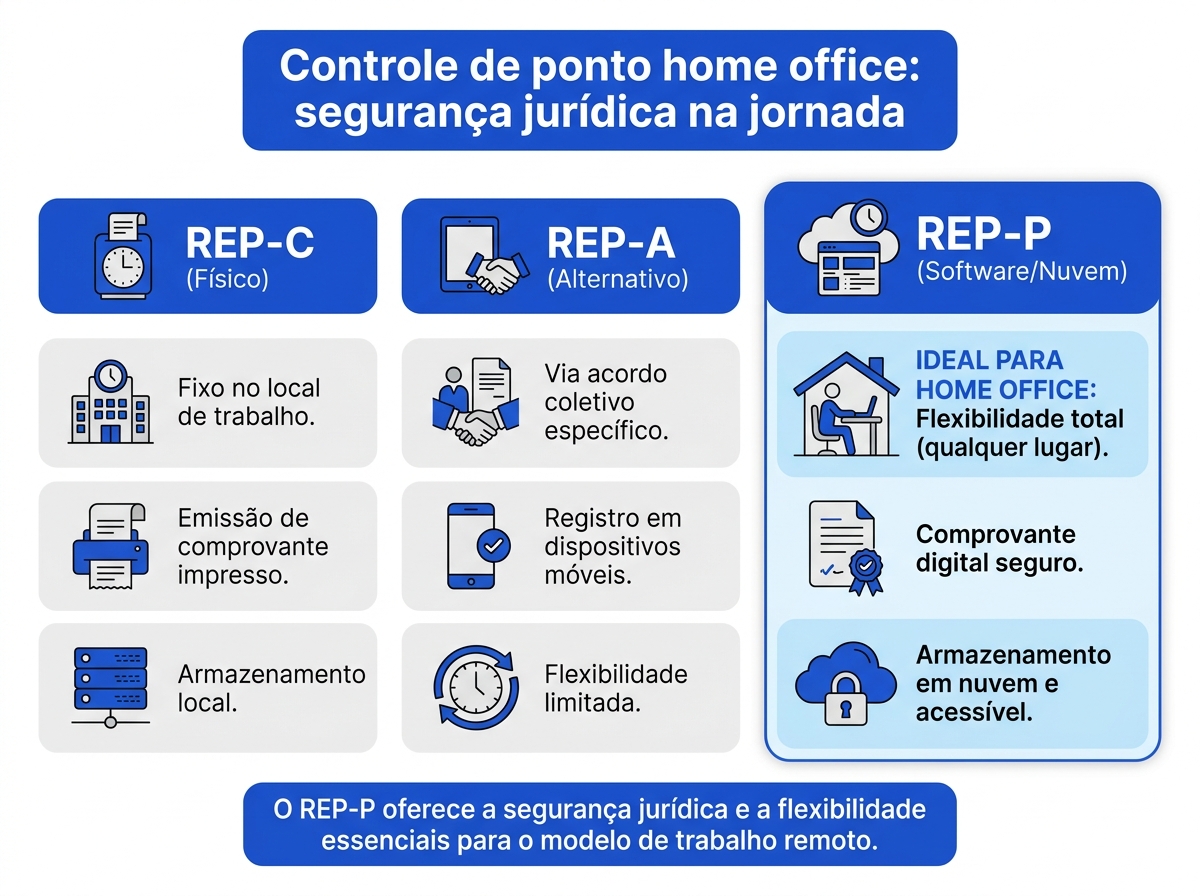 Infográfico comparativo dos tipos de REP sob a Portaria 671, destacando o REP-P para home office.