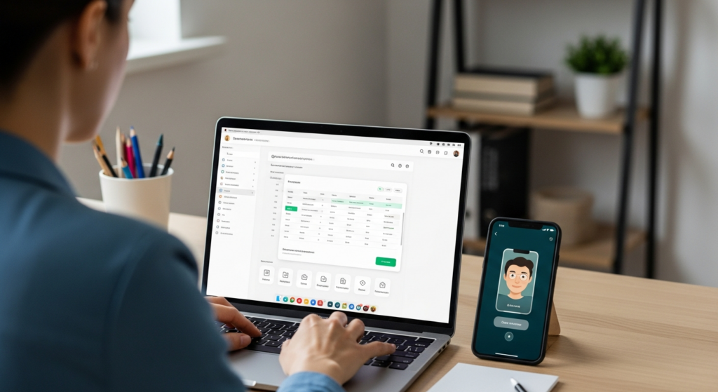 Uma foto realista de uma profissional trabalhando em seu escritório em casa (home office), focada na tela de um notebook moderno onde se vê uma interface limpa de sistema de ponto digital. Ao lado do notebook, há um smartphone mostrando um aplicativo de marcação de ponto por reconhecimento facial. O ambiente é bem iluminado, organizado e profissional. Sem textos, gráficos ou elementos flutuantes na imagem. Alt: Profissional técnica realizando o controle de ponto home office em seu notebook e celular.