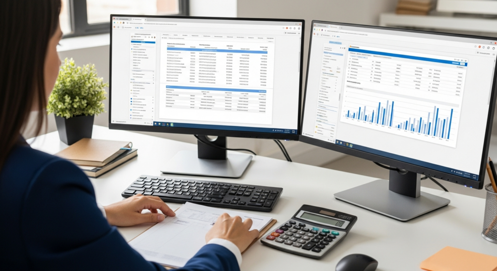 Foto realista de uma profissional de departamento pessoal analisando relatórios detalhados em duas telas de computador, com uma calculadora física sobre a mesa organizada, focada na conferência de dados de jornada de trabalho. Sem textos ou gráficos fictícios na tela, apenas a interface limpa de um software de gestão.
