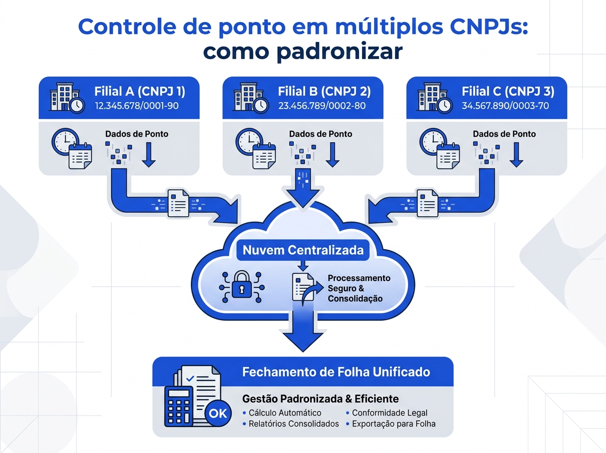 Infográfico mostrando a centralização do controle de ponto de múltiplos CNPJs em uma única plataforma em nuvem.