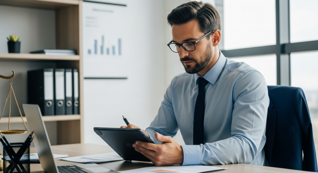 Foto realista de um empresário em seu escritório analisando relatórios de diferentes filiais em um tablet, com uma expressão focada e profissional. O ambiente é moderno, bem iluminado, transmitindo organização e segurança jurídica. Sem textos ou gráficos sobrepostos.