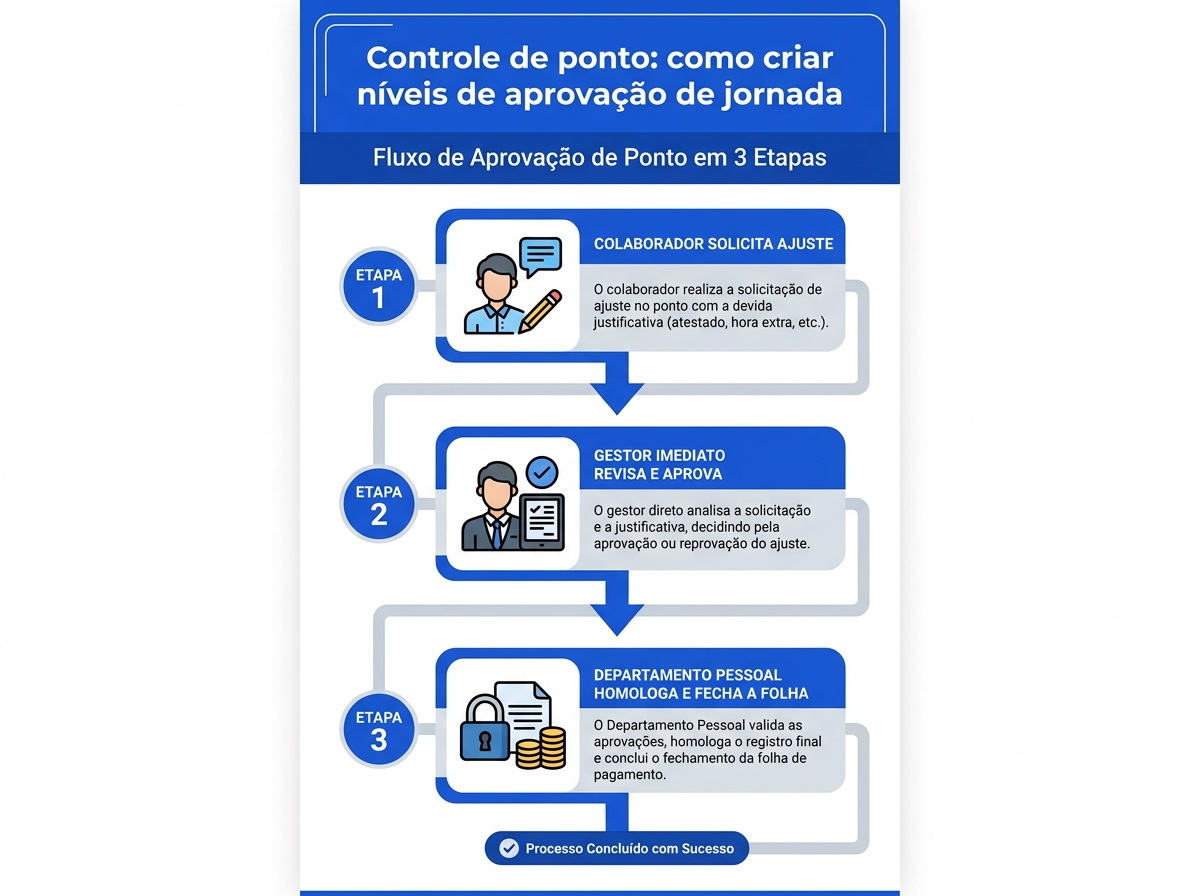 Infográfico do fluxo de aprovação de ajustes no controle de ponto em três etapas.