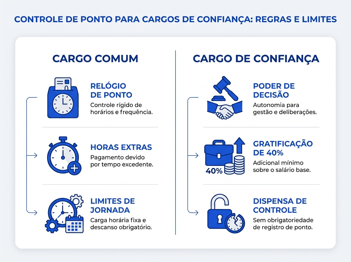 Infográfico comparativo entre regras de jornada para cargo comum e cargo de confiança