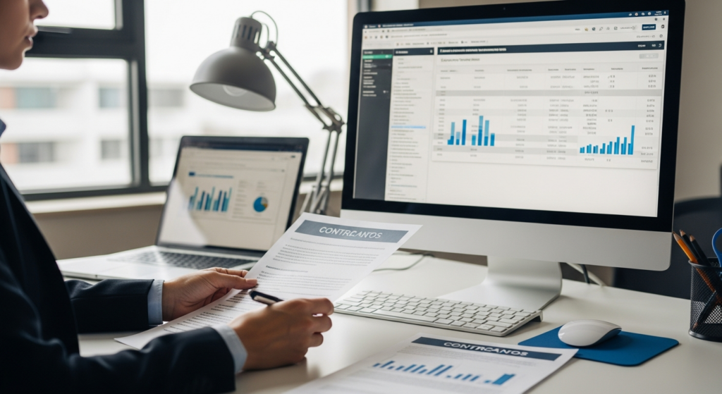 Foto realista de uma profissional de recursos humanos analisando contratos de trabalho impressos e uma tela de computador com dados de departamento pessoal em um escritório moderno e bem iluminado. alt: Profissional de RH analisando contratos para verificar enquadramento de cargo de confiança
