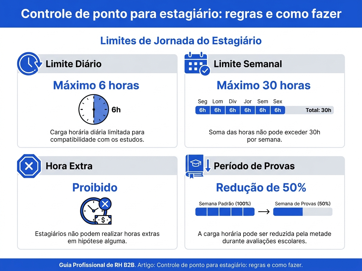 Infográfico explicativo sobre os limites de jornada e regras para estagiários segundo a Lei 11.788/2008.