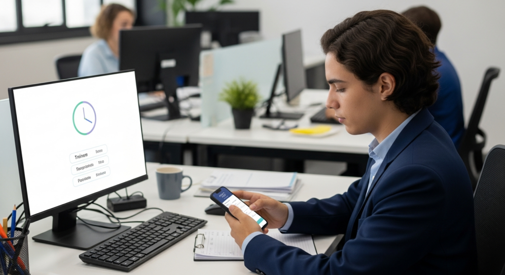 Foto realista de um jovem estagiário em uma mesa de escritório moderna, registrando sua jornada de trabalho por meio de um aplicativo de ponto eletrônico em seu smartphone. Ao fundo, um ambiente corporativo organizado e profissional, sem textos ou gráficos na tela. alt: Estagiário realizando o controle de ponto para estagiário pelo celular no escritório.