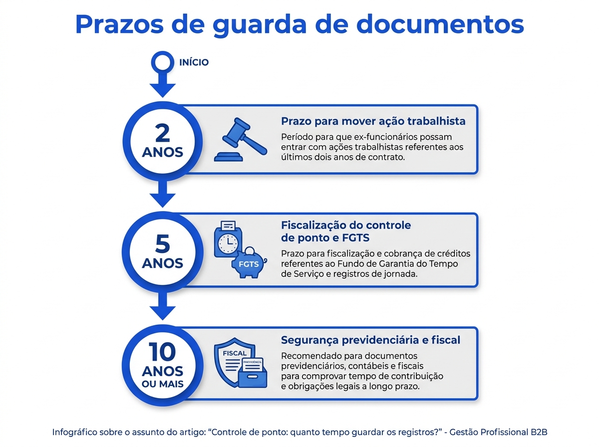 Infográfico explicativo sobre os prazos de guarda de documentos trabalhistas e previdenciários.