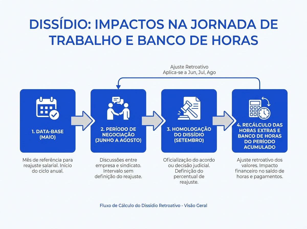 Infográfico mostrando o fluxo de cálculo retroativo do dissídio no banco de horas