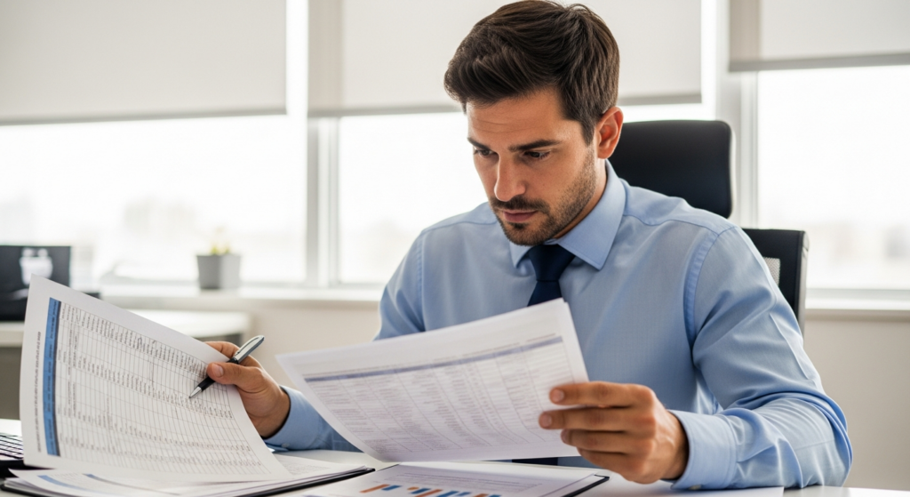 Foto realista de um empresário em seu escritório analisando planilhas financeiras e relatórios de folha de pagamento impressos, com expressão de atenção e foco. Ambiente profissional, iluminação natural de escritório, sem textos ou gráficos sobrepostos.