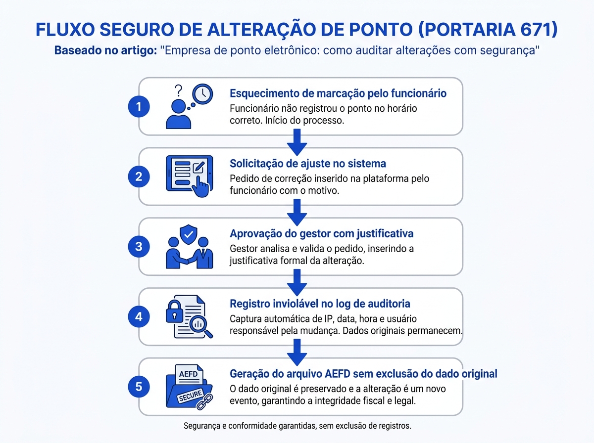 Infográfico do fluxo de alteração de ponto eletrônico segura e em conformidade com a Portaria 671.