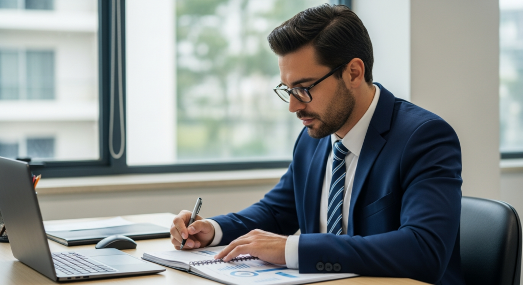 Foto em plano médio de um empresário focado analisando relatórios de auditoria impressos e comparando dados em um notebook moderno em seu escritório. A iluminação é profissional e o ambiente transmite seriedade e segurança corporativa. Sem textos, gráficos ou elementos flutuantes na imagem. Alt: Empresário analisando relatórios de auditoria de ponto eletrônico para evitar passivos trabalhistas.