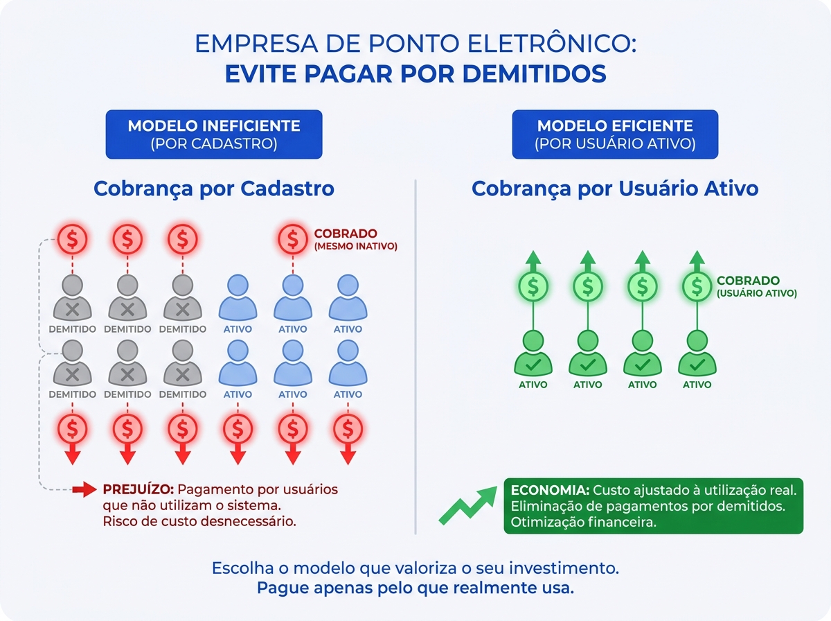 Infográfico comparativo entre cobrança por cadastro total e cobrança por usuário ativo no controle de ponto.