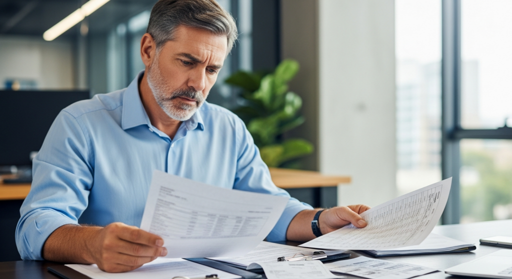 Uma foto realista em plano médio de um empresário de meia-idade, com expressão de preocupação e concentração, analisando uma planilha financeira impressa e faturas de serviços em sua mesa de madeira escura. Ao fundo, um escritório moderno com iluminação suave e desfocada. Sem textos, gráficos ou elementos digitais sobrepostos na imagem. Alt: Empresário analisando faturas e planilhas financeiras em seu escritório para identificar custos desnecessários.