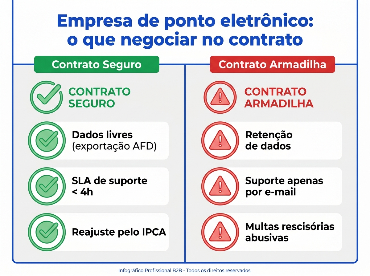 Infográfico comparativo entre um contrato seguro de ponto eletrônico e um contrato com armadilhas comerciais.