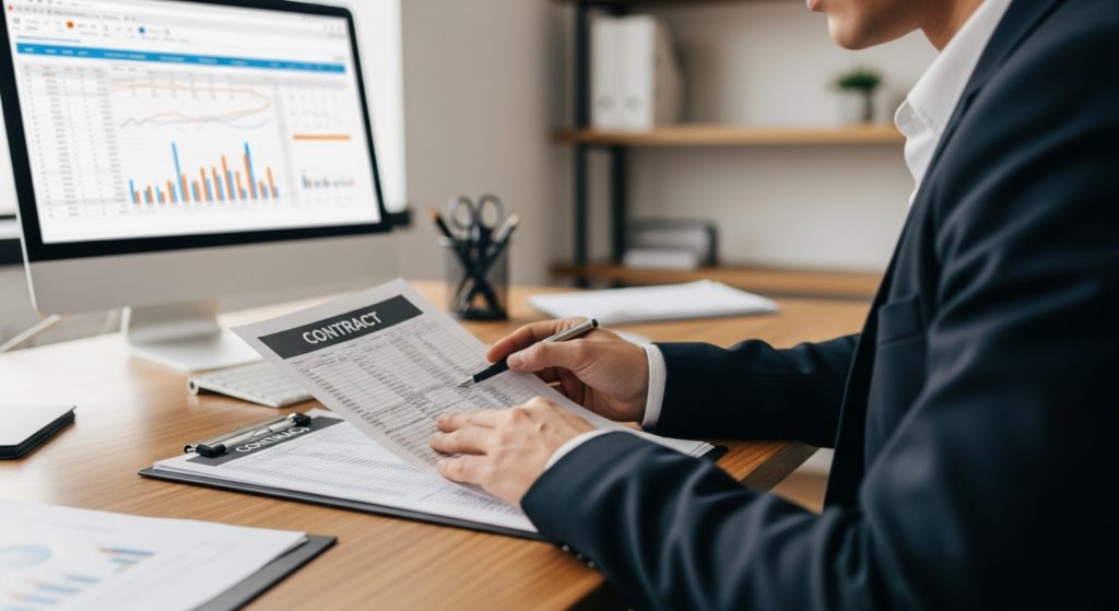 Foto realista de um empresário em seu escritório, analisando com atenção um contrato impresso sobre a mesa de madeira. Ao fundo, de forma sutil e desfocada, vê-se um computador com uma planilha financeira aberta. A iluminação é natural e o ambiente transmite seriedade e foco em segurança jurídica. Sem textos ou gráficos sobrepostos. Alt: Empresário analisando cláusulas de contrato de prestação de serviços em seu escritório.