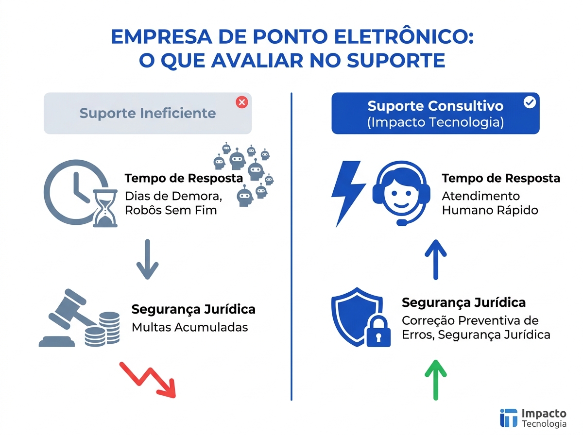 Infográfico comparativo entre suporte de ponto eletrônico ineficiente e consultivo.