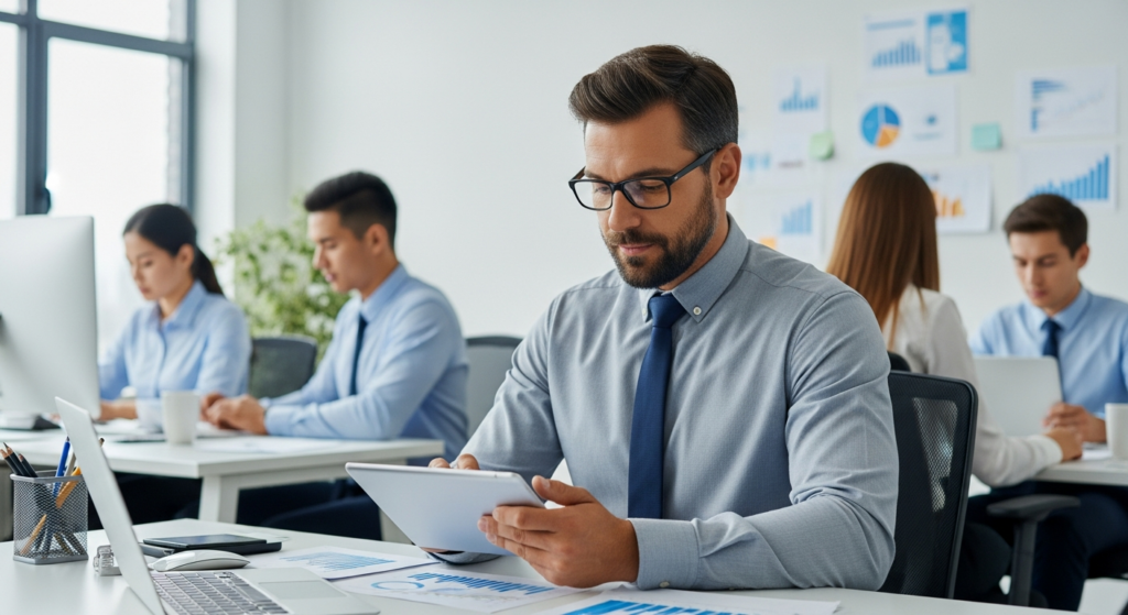 Foto realista de um empresário em seu escritório, analisando relatórios em um tablet com expressão de tranquilidade, enquanto ao fundo a equipe de trabalho aparece focada e produtiva. Ambiente corporativo moderno e bem iluminado, sem textos ou gráficos sobrepostos. alt: Empresário avaliando a eficiência dos processos internos de sua empresa em crescimento.