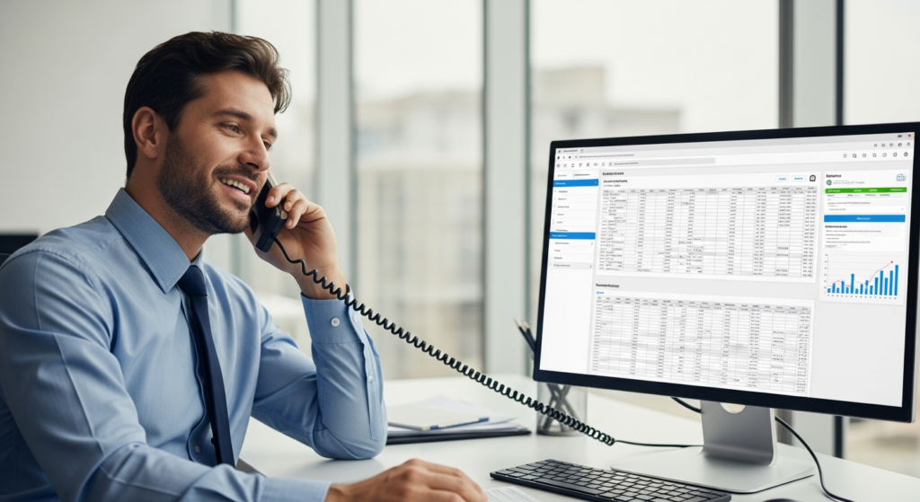 Foto realista de um empresário em seu escritório, com expressão de alívio, conversando ao telefone enquanto olha para a tela de um computador que exibe um painel de controle de ponto limpo e organizado. Ambiente corporativo moderno e bem iluminado. Sem textos ou gráficos na imagem. Alt: Empresário conversando com o suporte de sua empresa de ponto eletrônico.