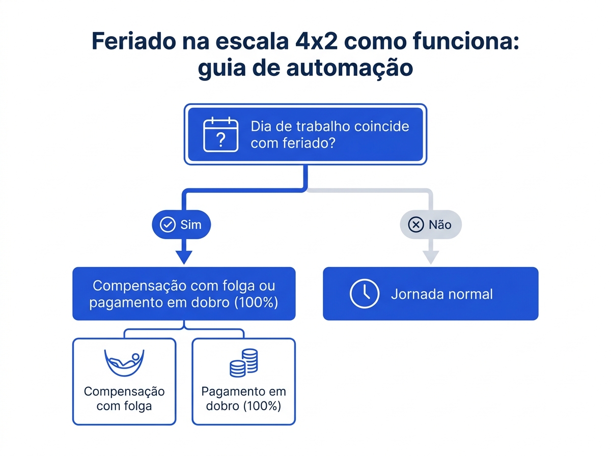 Infográfico explicativo sobre o fluxo de cálculo de feriado trabalhado na escala 4x2