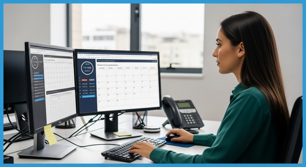 Foto realista de uma profissional de departamento pessoal analisando telas de computador com sistemas de controle de ponto e calendários de escalas de trabalho em um escritório moderno, focada e organizada. Sem textos ou gráficos sobrepostos.