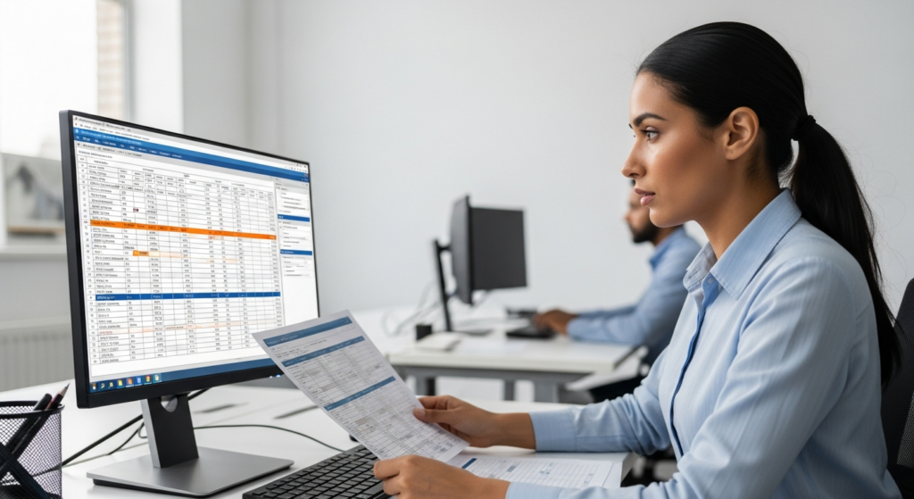 Foto realista de um profissional de recursos humanos analisando relatórios de ponto e planilhas de escala de trabalho em uma tela de computador em um escritório moderno, com expressão de concentração e foco em conformidade legal. Sem textos ou gráficos na imagem. Alt: Profissional de RH analisando conformidade de escalas de trabalho no computador