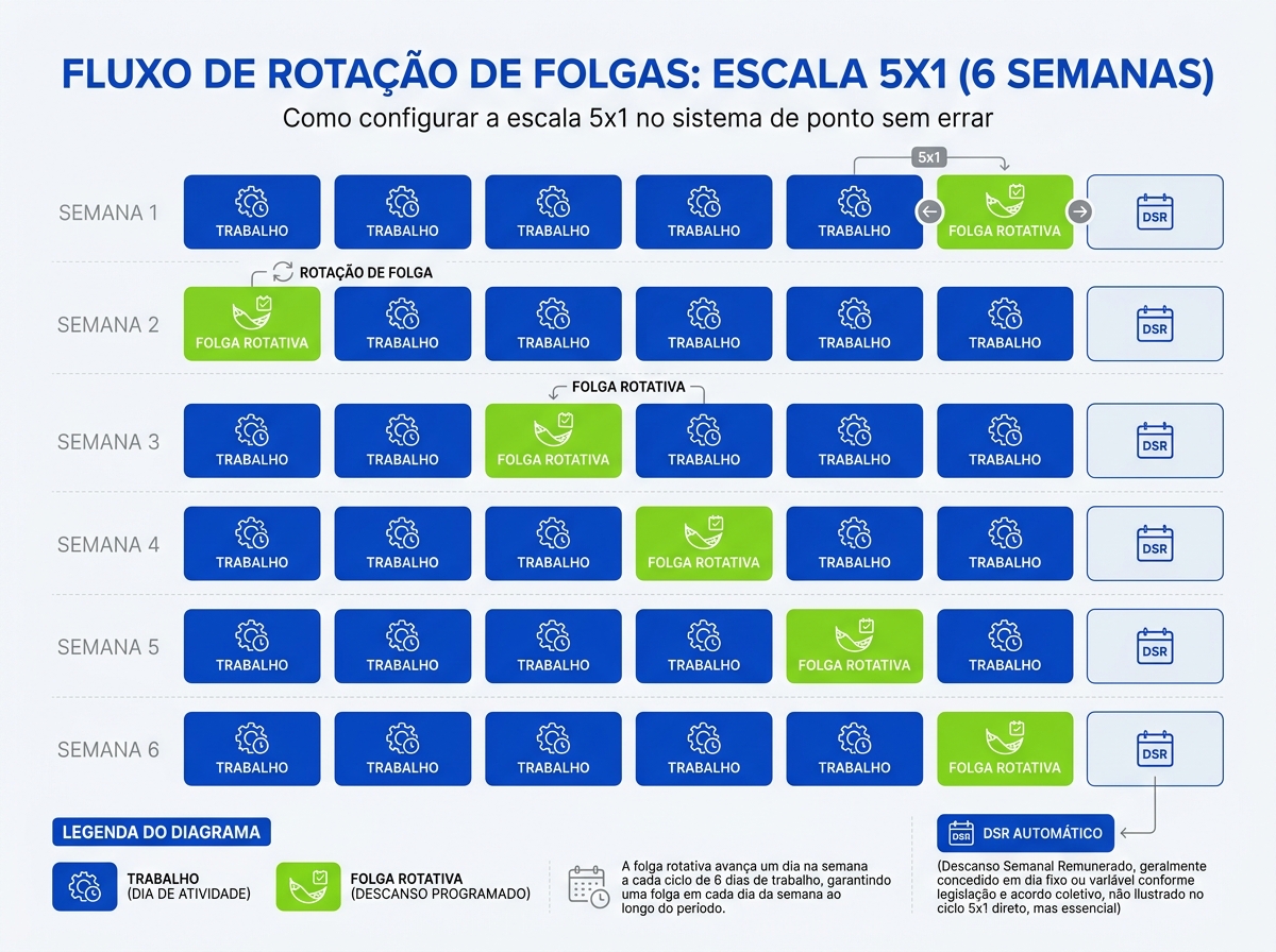 Infográfico do ciclo de rotação de folgas na escala 5x1