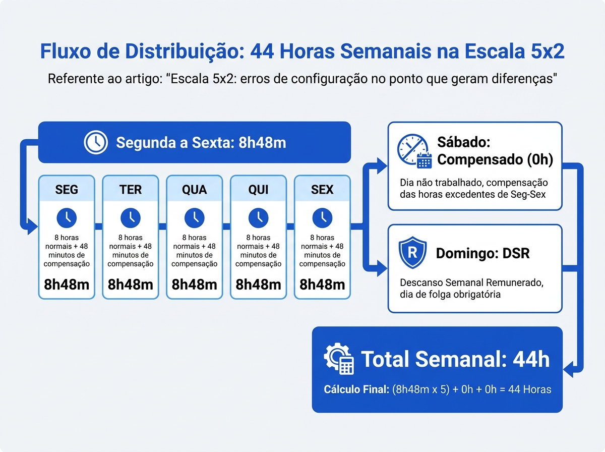 Infográfico explicativo da distribuição de horas na escala 5x2 para cumprimento das 44 horas semanais.