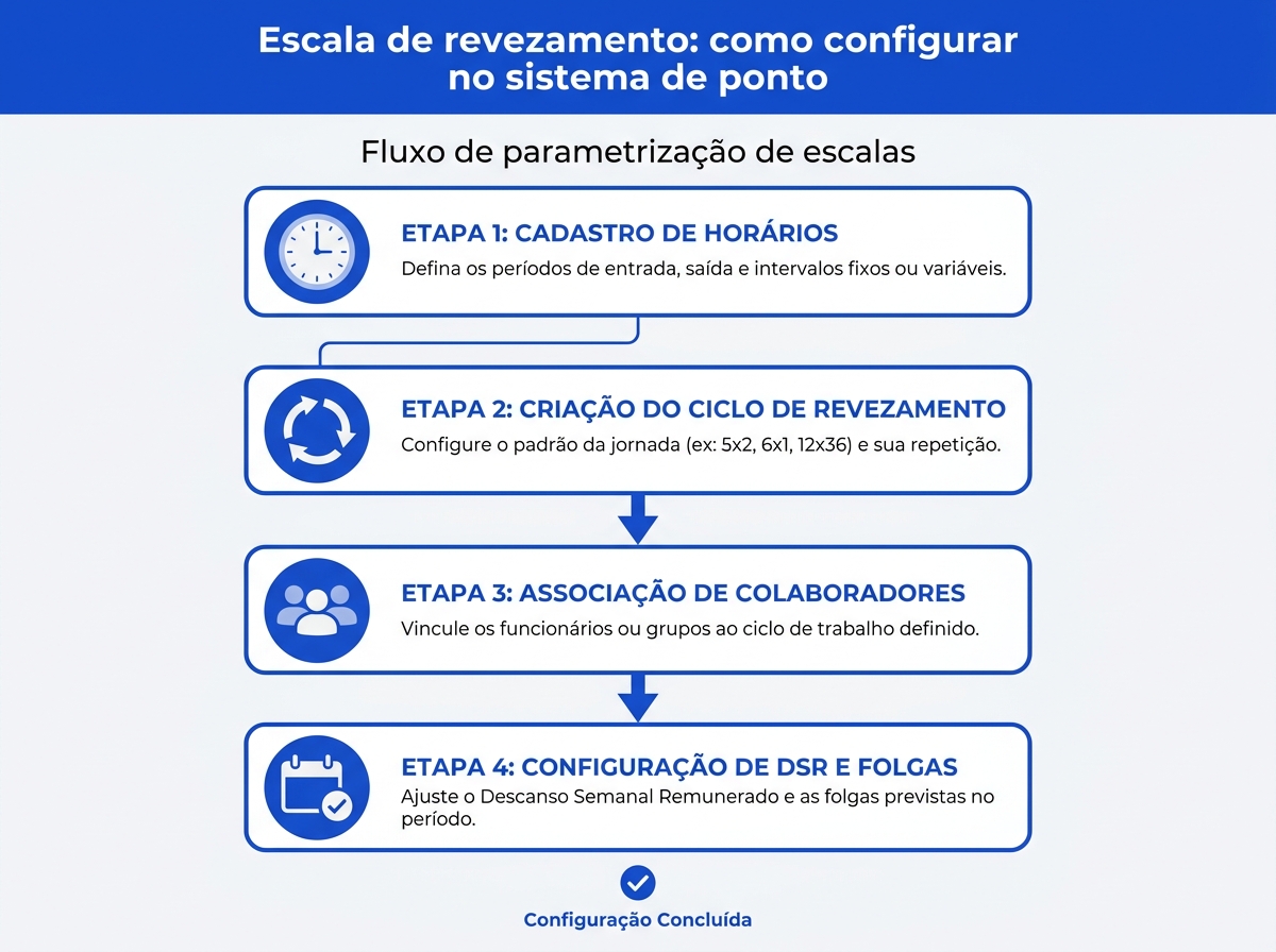 Infográfico com o passo a passo para configurar a escala de revezamento no sistema de ponto.