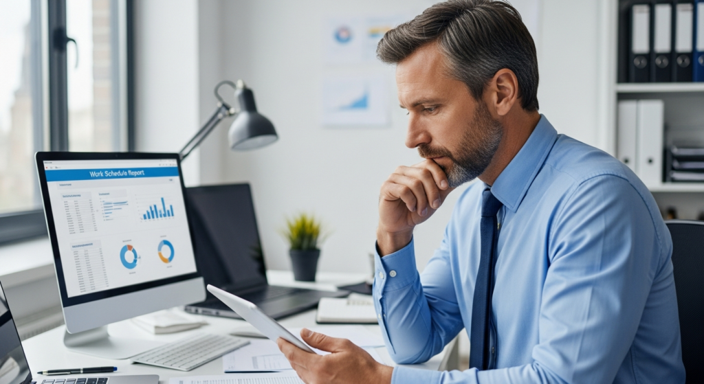 Foto realista de um empresário em seu escritório analisando relatórios de jornada de trabalho em um tablet, com expressão de foco e planejamento. Ambiente corporativo moderno e organizado, sem textos ou gráficos artificiais na tela.