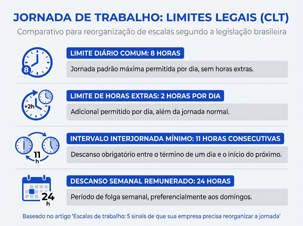 Infográfico comparativo dos limites legais de jornada e horas extras segundo a CLT