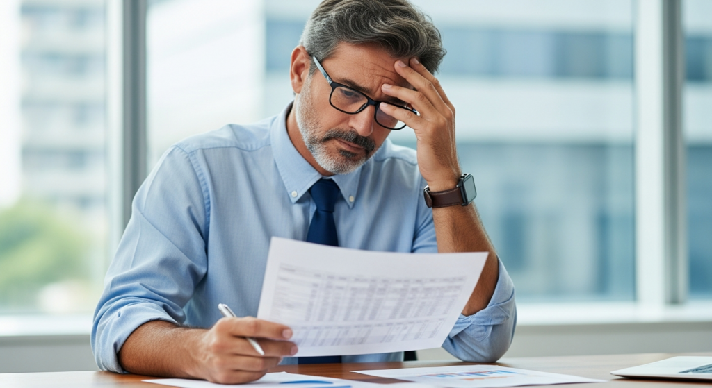 Foto realista de um empresário de meia-idade, com expressão de preocupação, analisando uma planilha impressa cheia de anotações e rasuras sobre uma mesa de escritório de madeira. Ao fundo, um ambiente corporativo desfocado. Sem textos, gráficos ou elementos digitais sobrepostos.