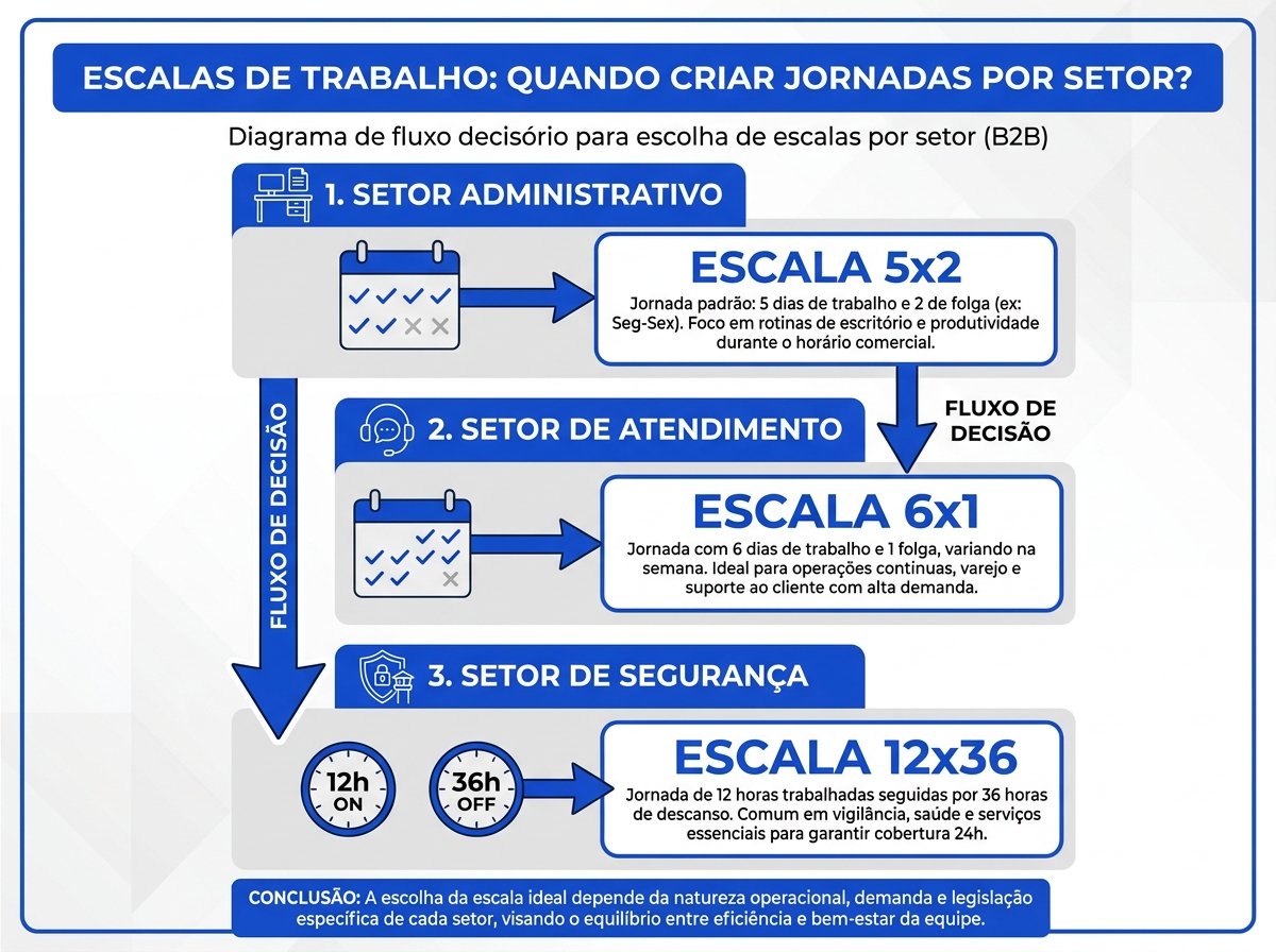 Infográfico explicativo sobre a escolha de escalas de trabalho ideais para cada setor da empresa